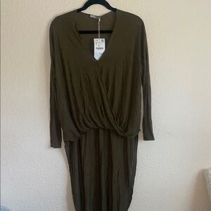 Zara Olive Green Assymmetrical Long Sleeve Cape Top